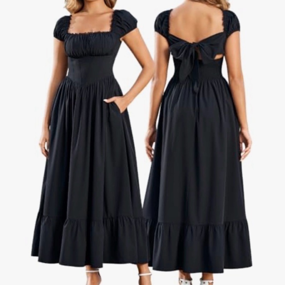 NWT XinFSh Black Maxi Dress A-Line Square Neck Tie Back Pockets Size XL